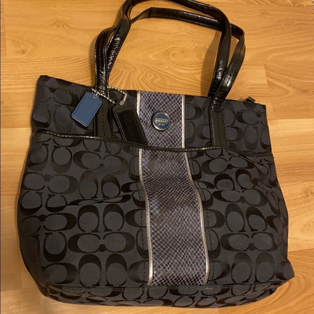 Coach small black tote with blue detailing